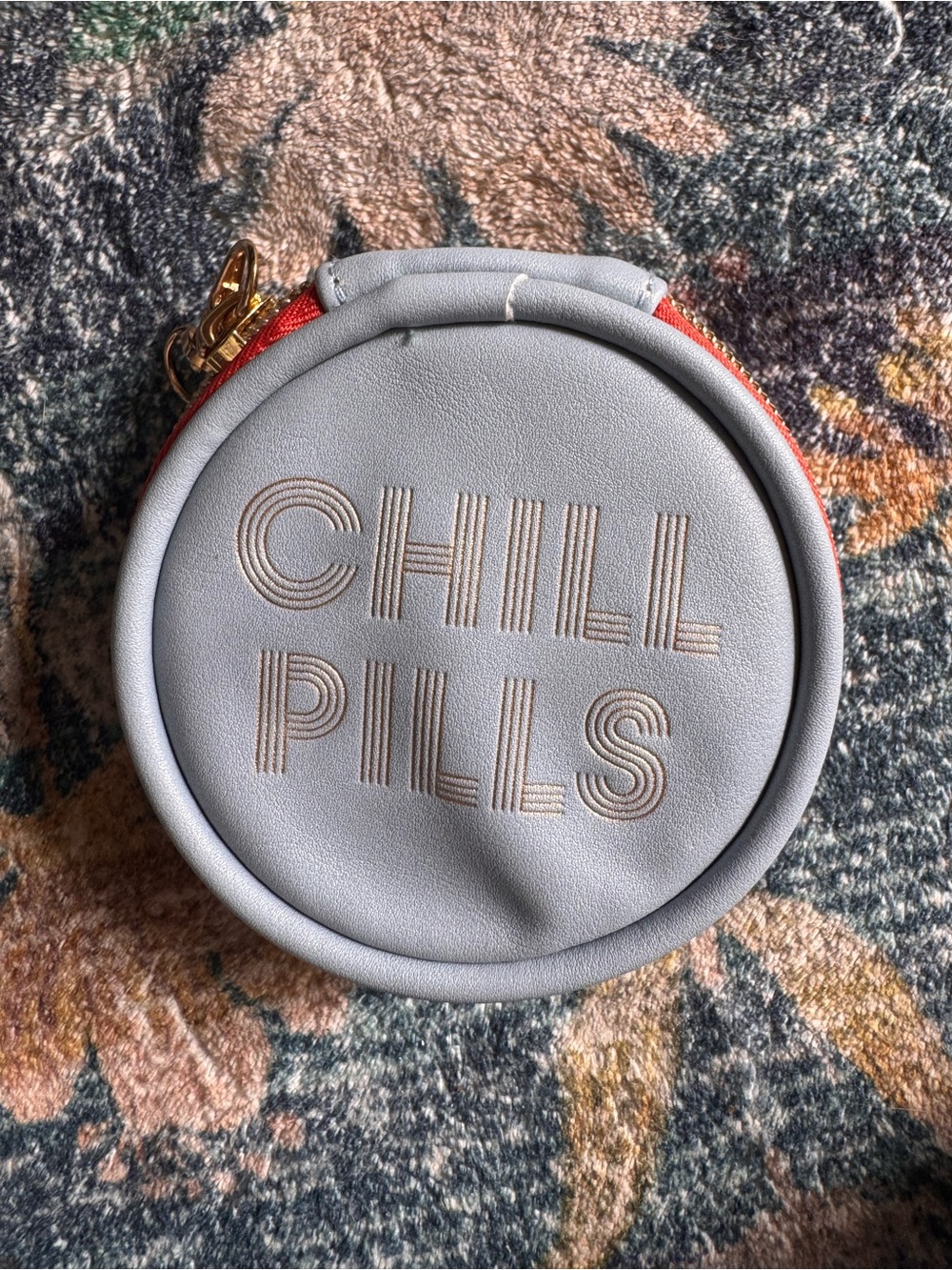 DesignWorks Ink Round 'CHILL PILLS' Pill Box in Light Gray with Red Trim